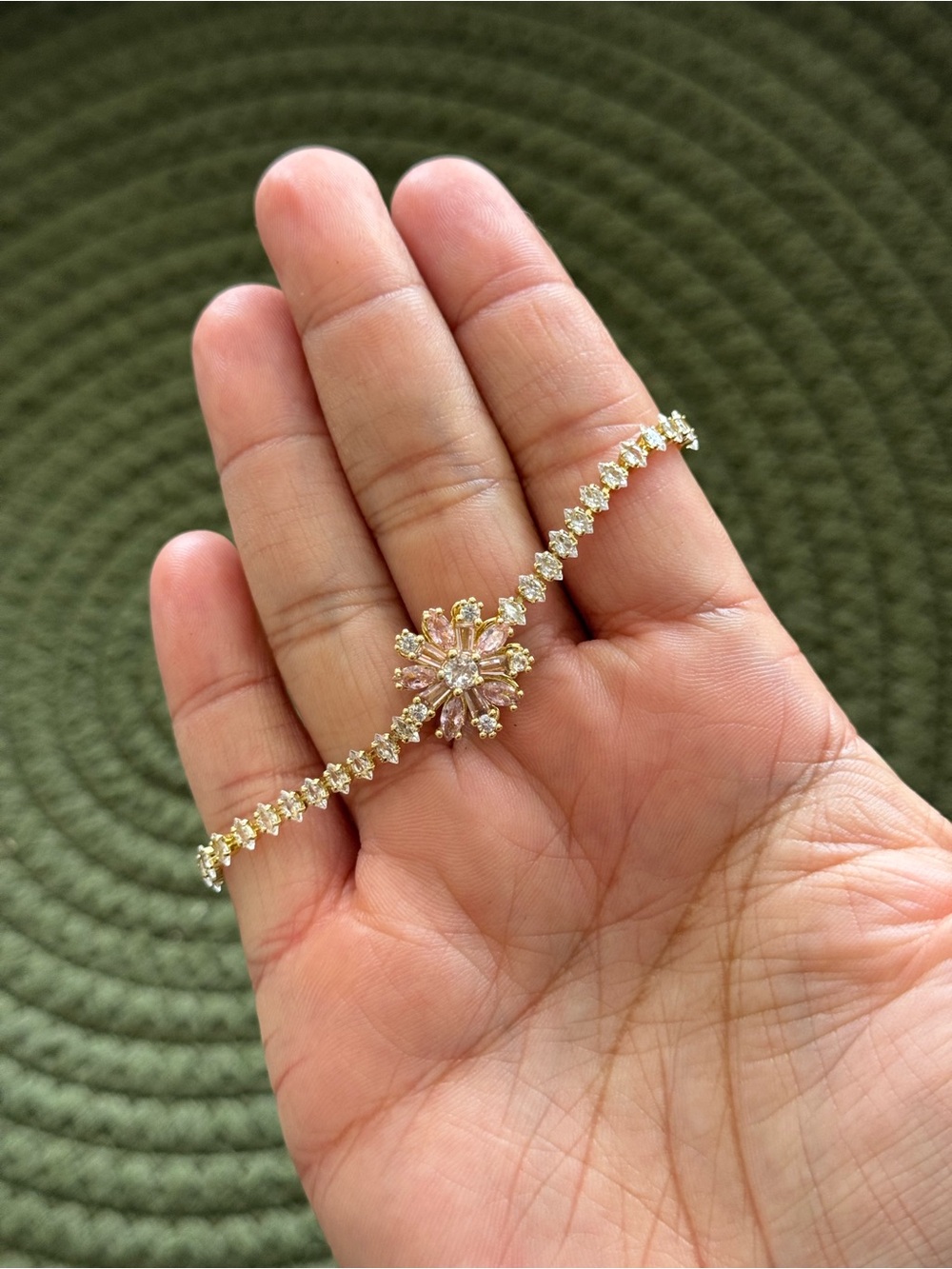 Fun Adjustable Gold-Plated Spinner Bracelet, Light Pink & Clear CZ